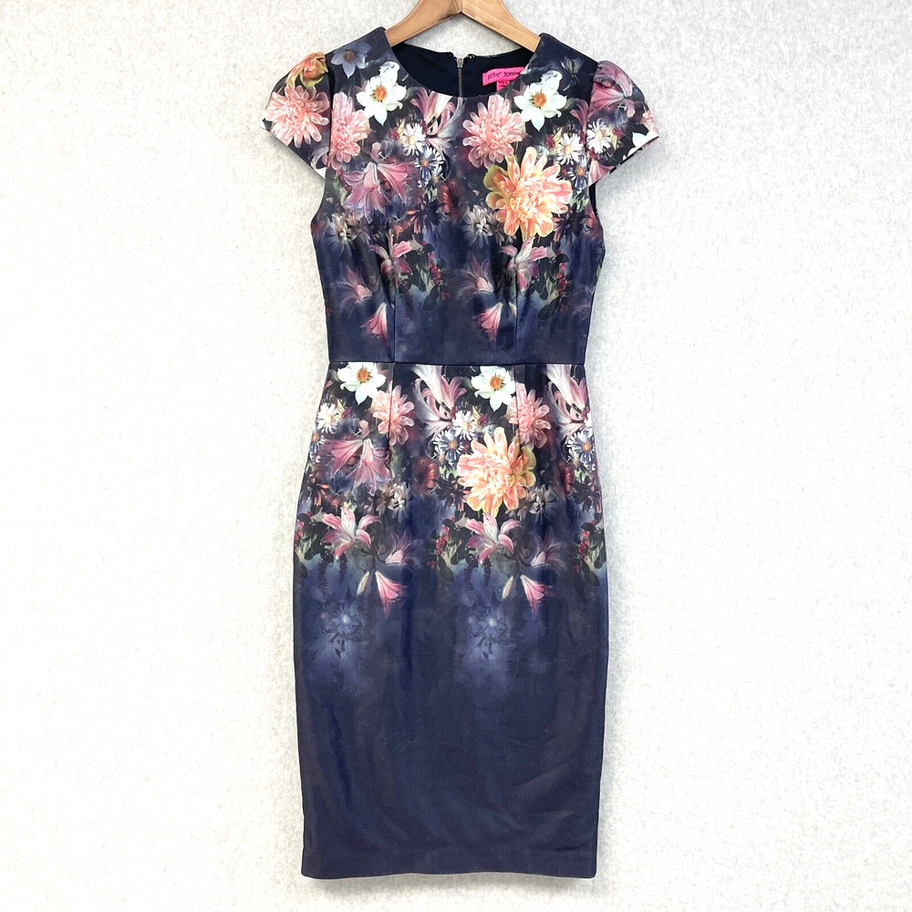 Betsey Johnson Dress Women 2 Scuba Watercolor Whimsical Art To Wear Office Siren